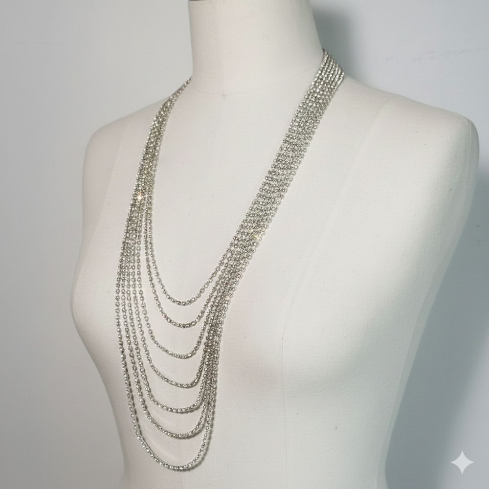 Rhinestone 24-34" Necklace Vintage Glass Statement Opera Length Layered Silver - Picture 2 of 9